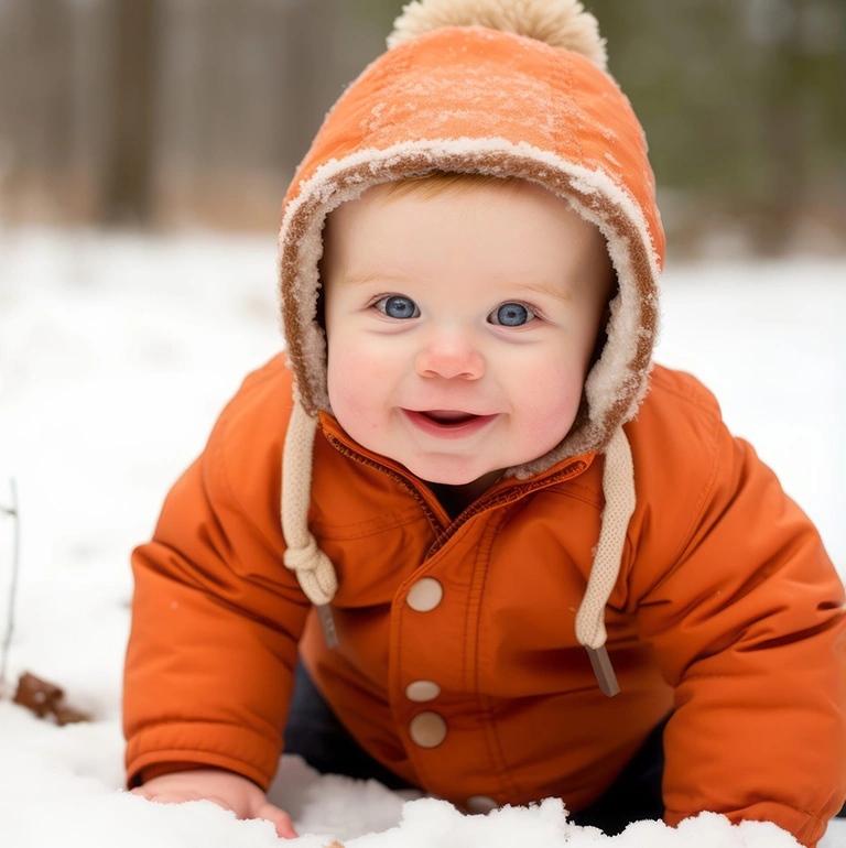Kleines Kind krabbelt im Schnee